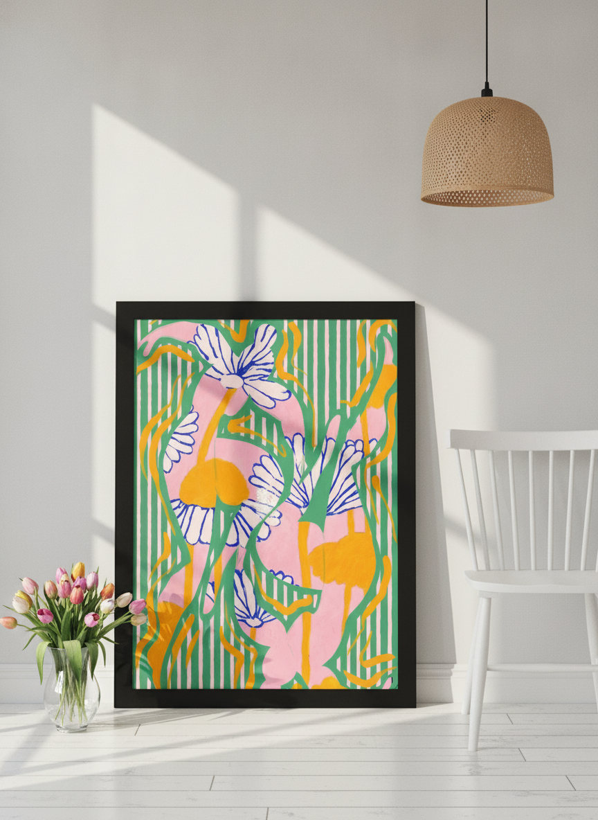 Modern wall art print leaning against the wall in a bright Scandinavian home office