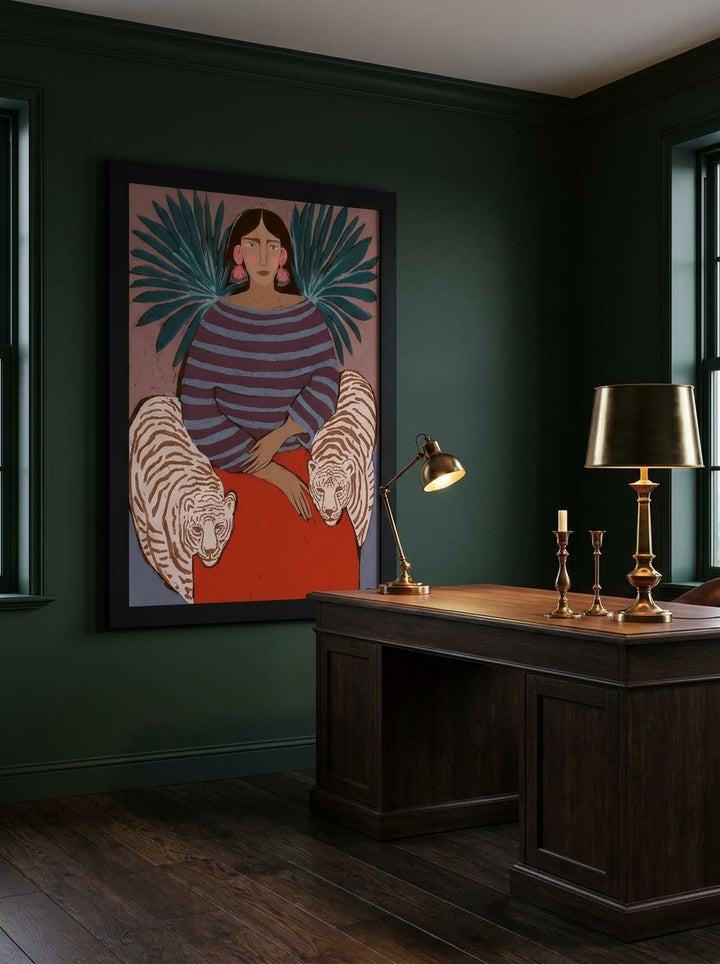 Modern wall art print styled on the wall in a moody home office