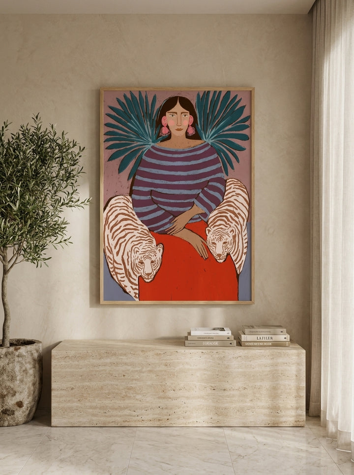 Modern wall art print styled on the wall in a luxe living room
