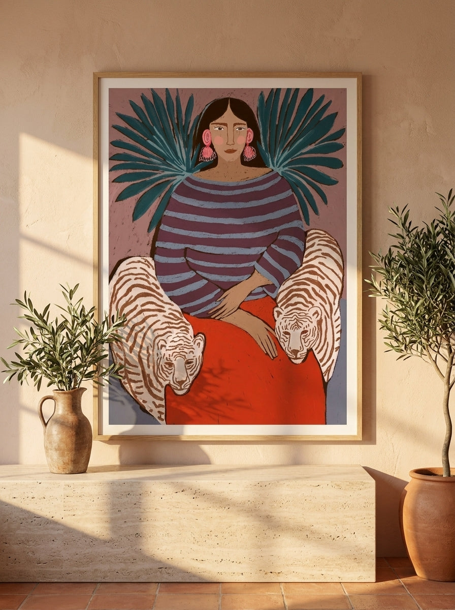 Modern wall art print styled on the wall in a Mediterranean living room