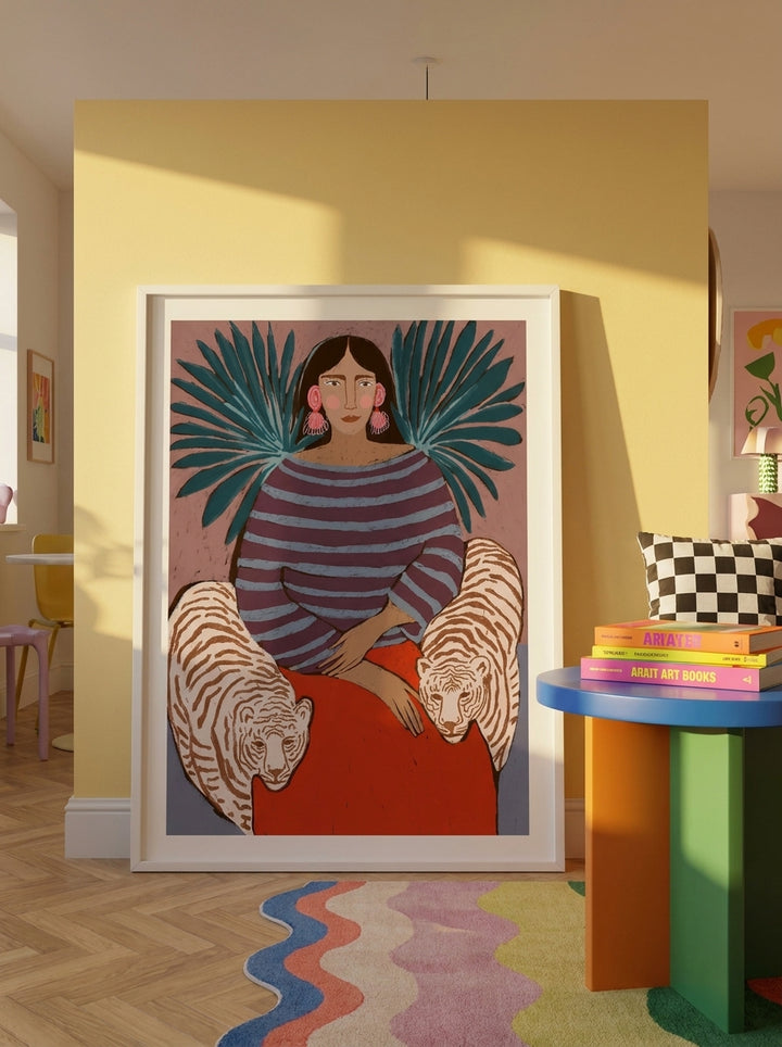 Oversized statement modern wall art print leaning against the wall in a colourful eclectic dining room
