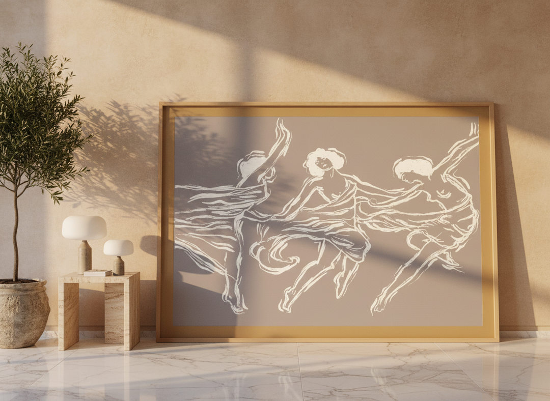 Oversized statement modern wall art print leaning against the wall in a luxe bedroom