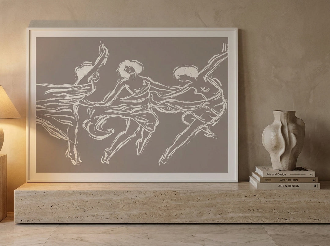 Modern wall art print standing on a console in a luxe home office