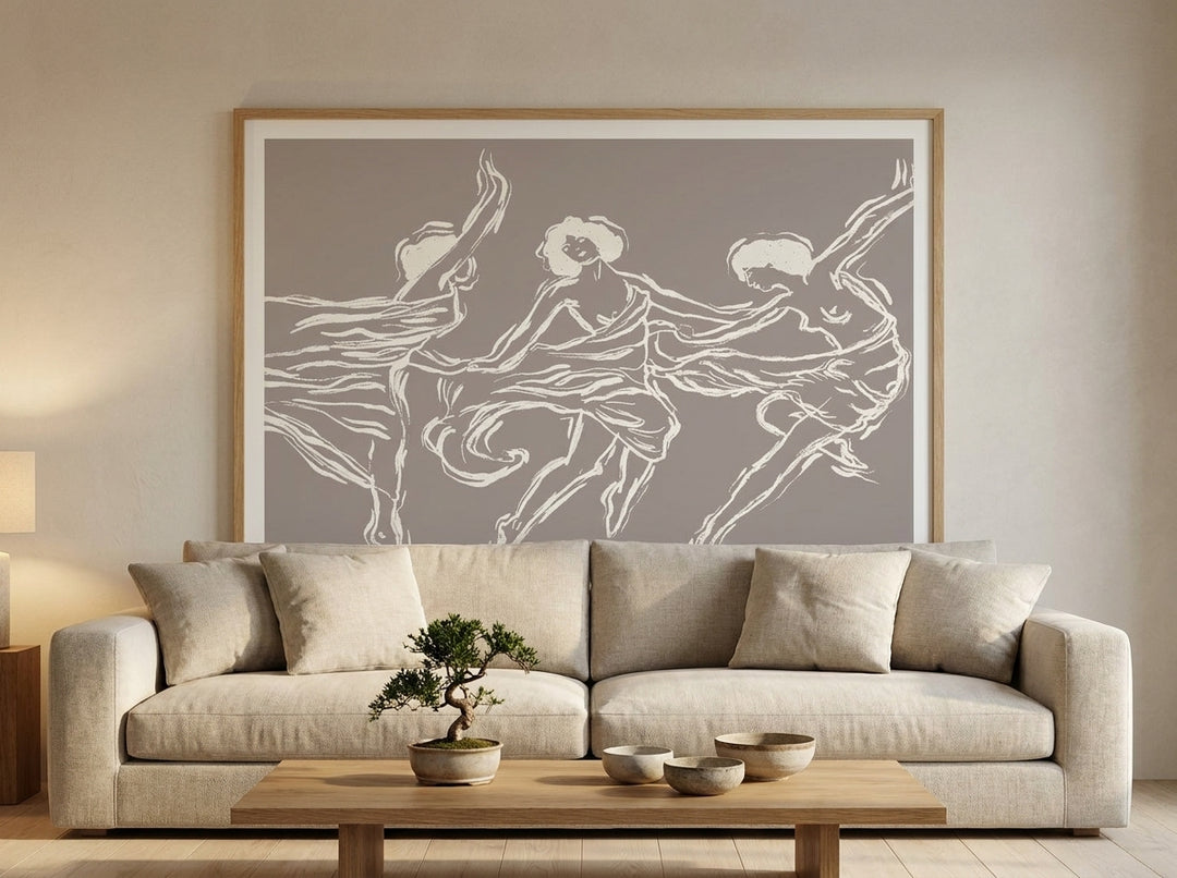 Modern wall art print styled on the wall in a warm Japandi living room
