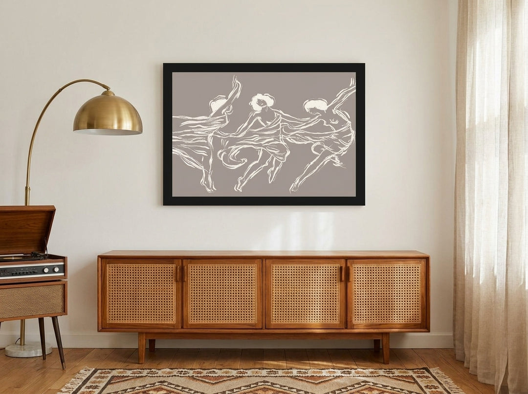 Modern wall art print styled on the wall in a mid-century living room