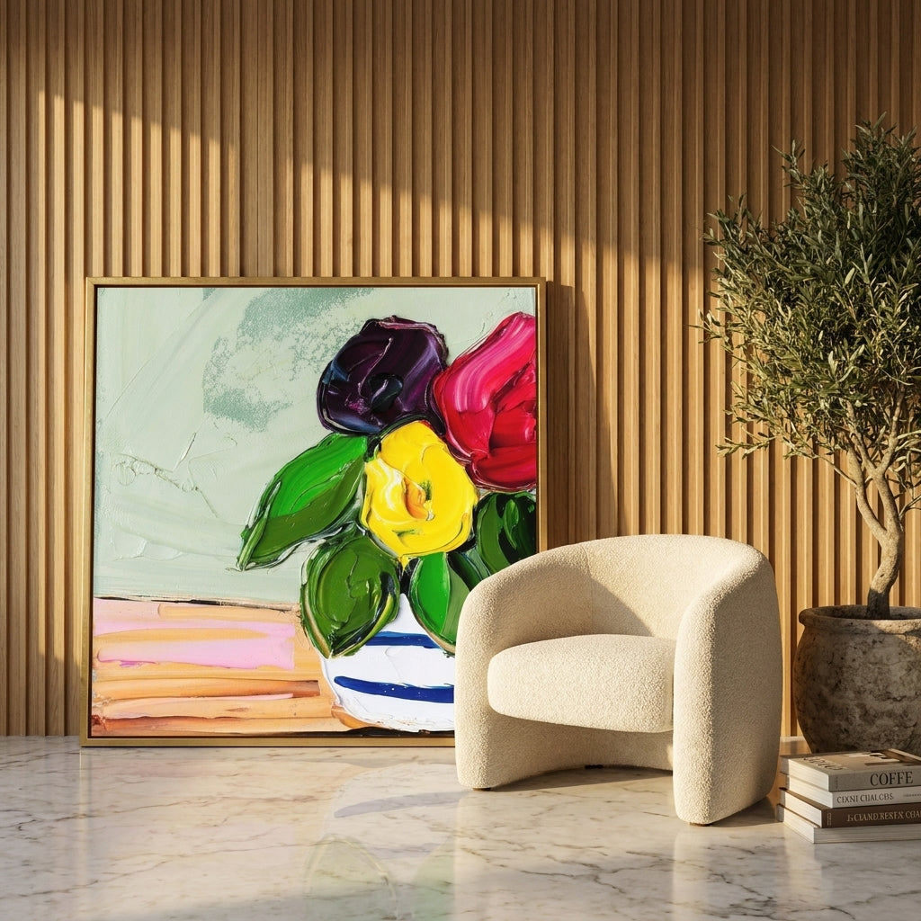 Oversized statement canvas wall art with a gold leaf surround leaning against the wall in a luxe bedroom