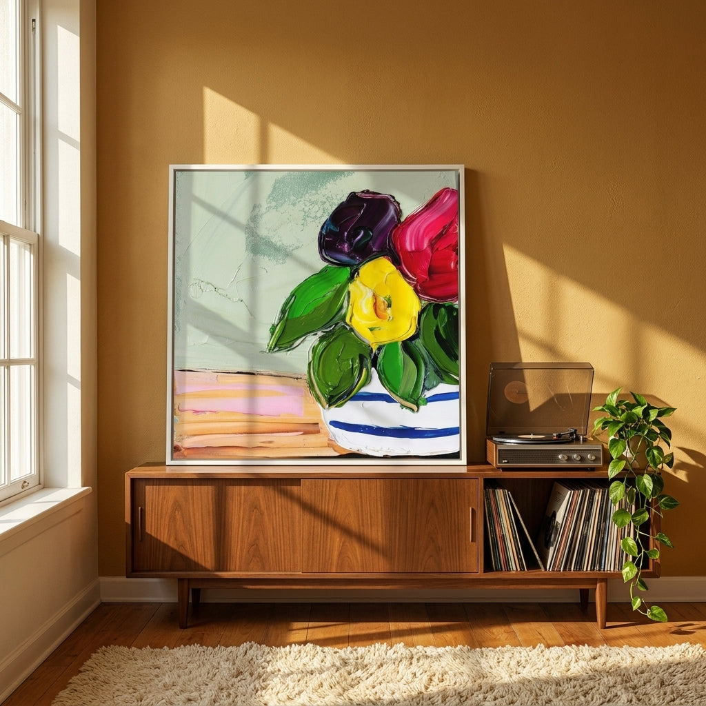 Canvas wall art with a white surround standing on a sideboard in a retro 70s bedroom