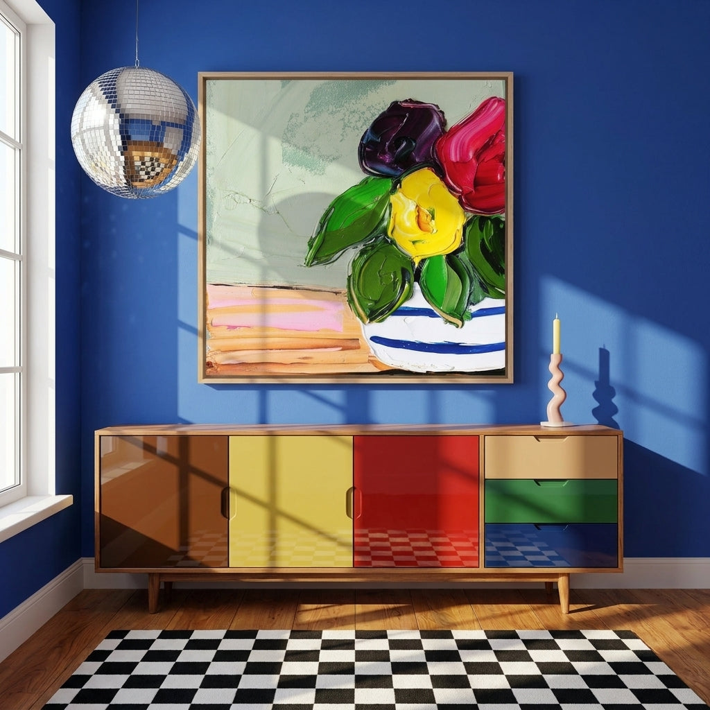 Canvas wall art with a natural timber surround styled on the wall in a colourful eclectic kitchen