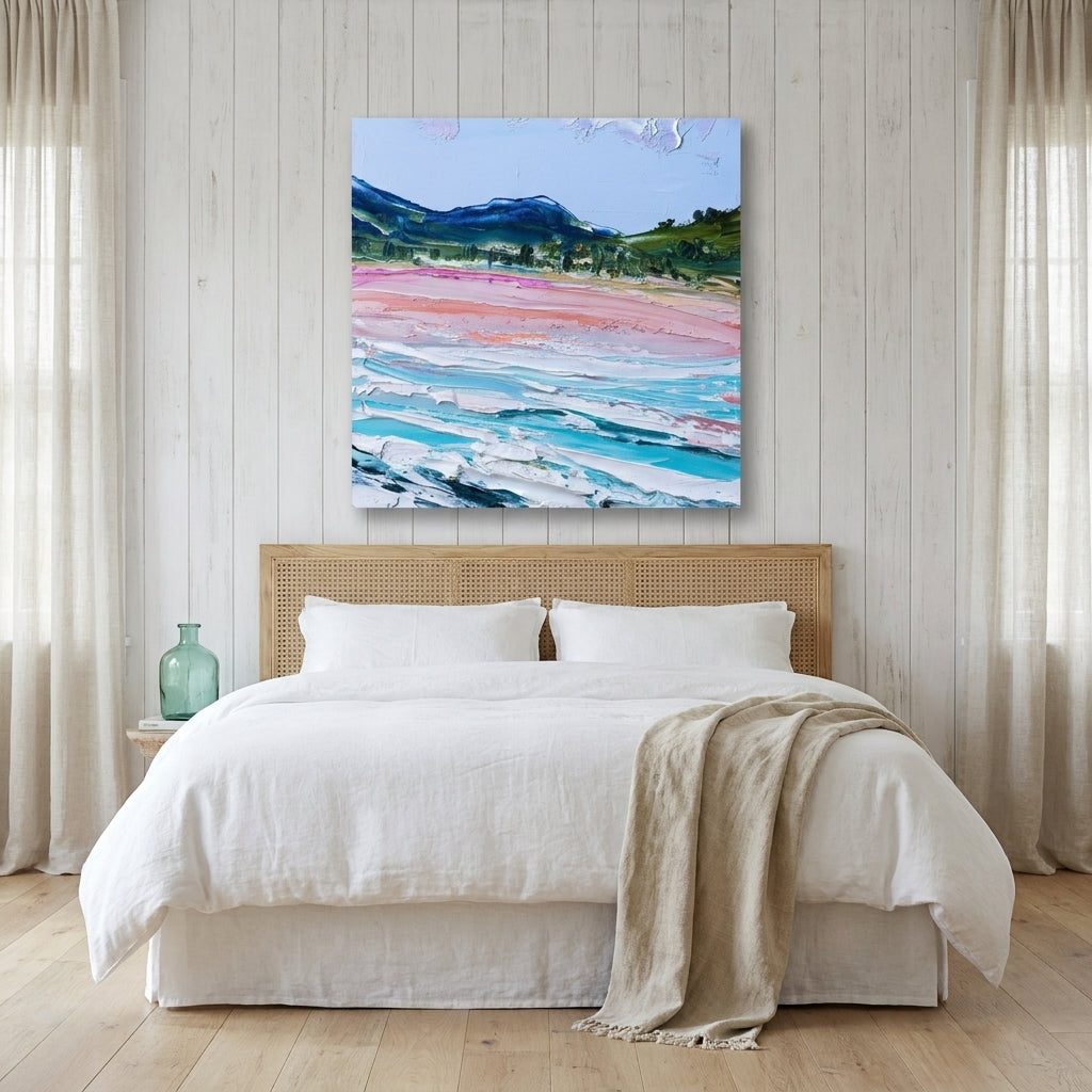 Stretched canvas wall art styled on the wall in a coastal bedroom