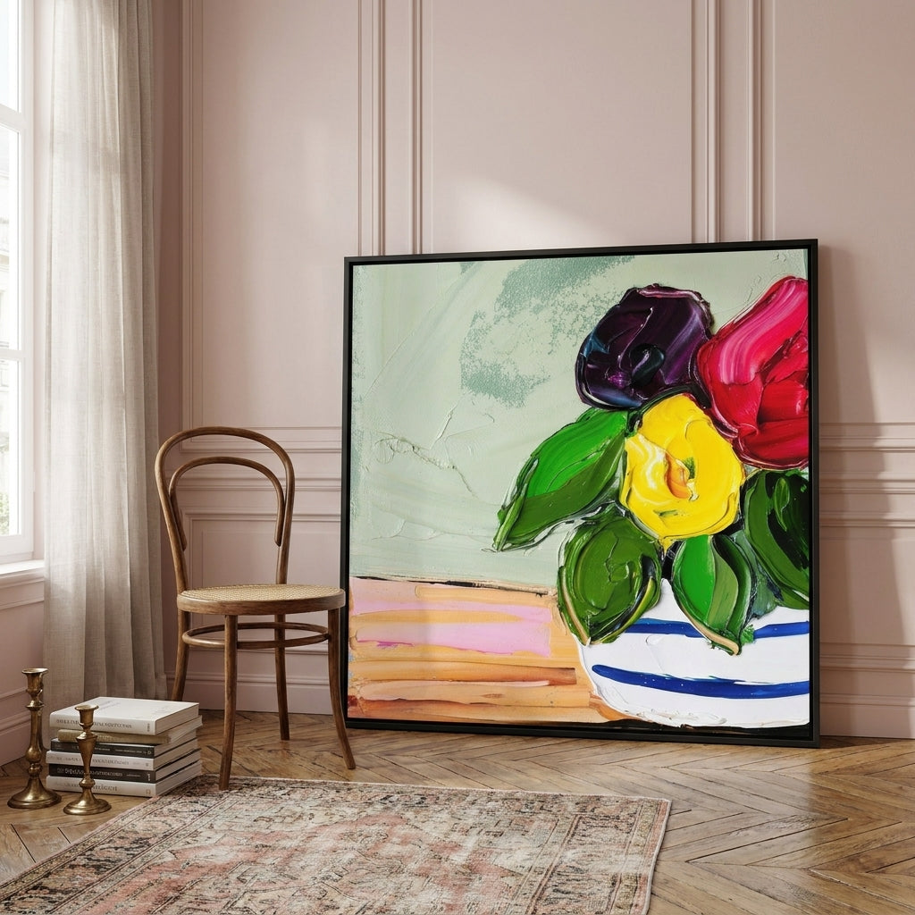Oversized statement canvas wall art with a black surround leaning against the wall in a Parisian living room