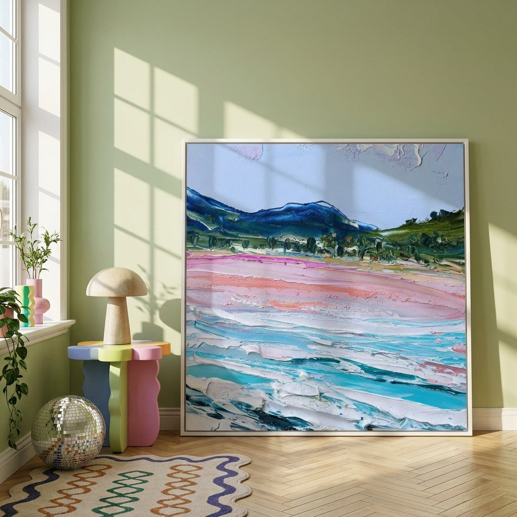 Oversized statement canvas wall art with a white surround leaning against the wall in a colourful eclectic dining room