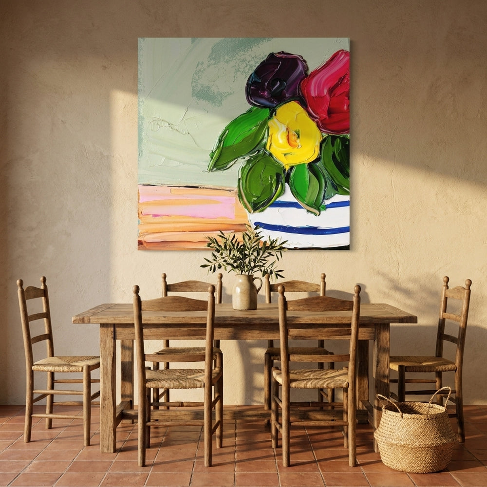 Stretched canvas wall art styled on the wall in a Mediterranean dining room