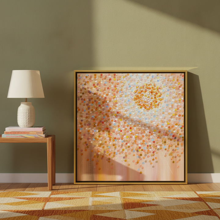 Canvas wall art with a gold leaf surround leaning against the wall in a mid-century home office