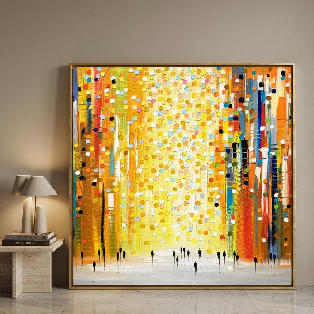 Oversized statement canvas wall art with a gold leaf surround leaning against the wall in a luxe bedroom