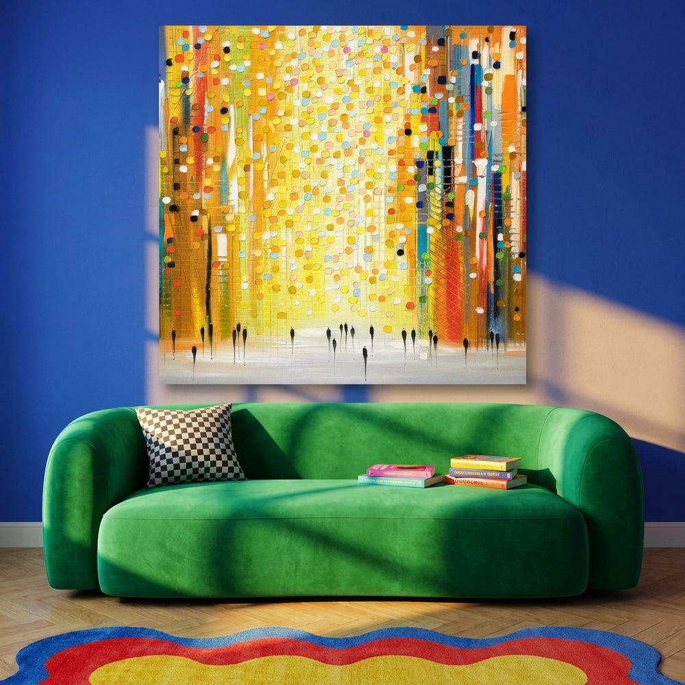 Stretched canvas wall art styled on the wall in a colourful eclectic living room