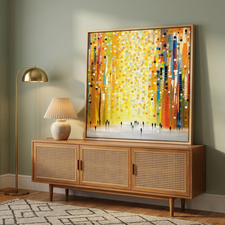 Canvas wall art with a natural timber surround standing on a sideboard in a mid-century home office