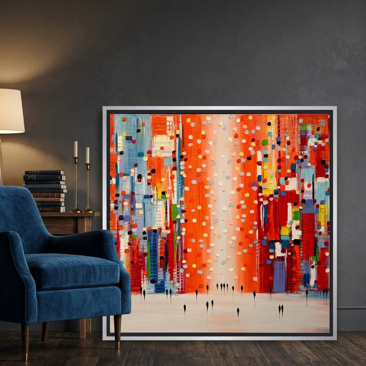 Canvas wall art with a silver leaf surround leaning against the wall in a moody home office