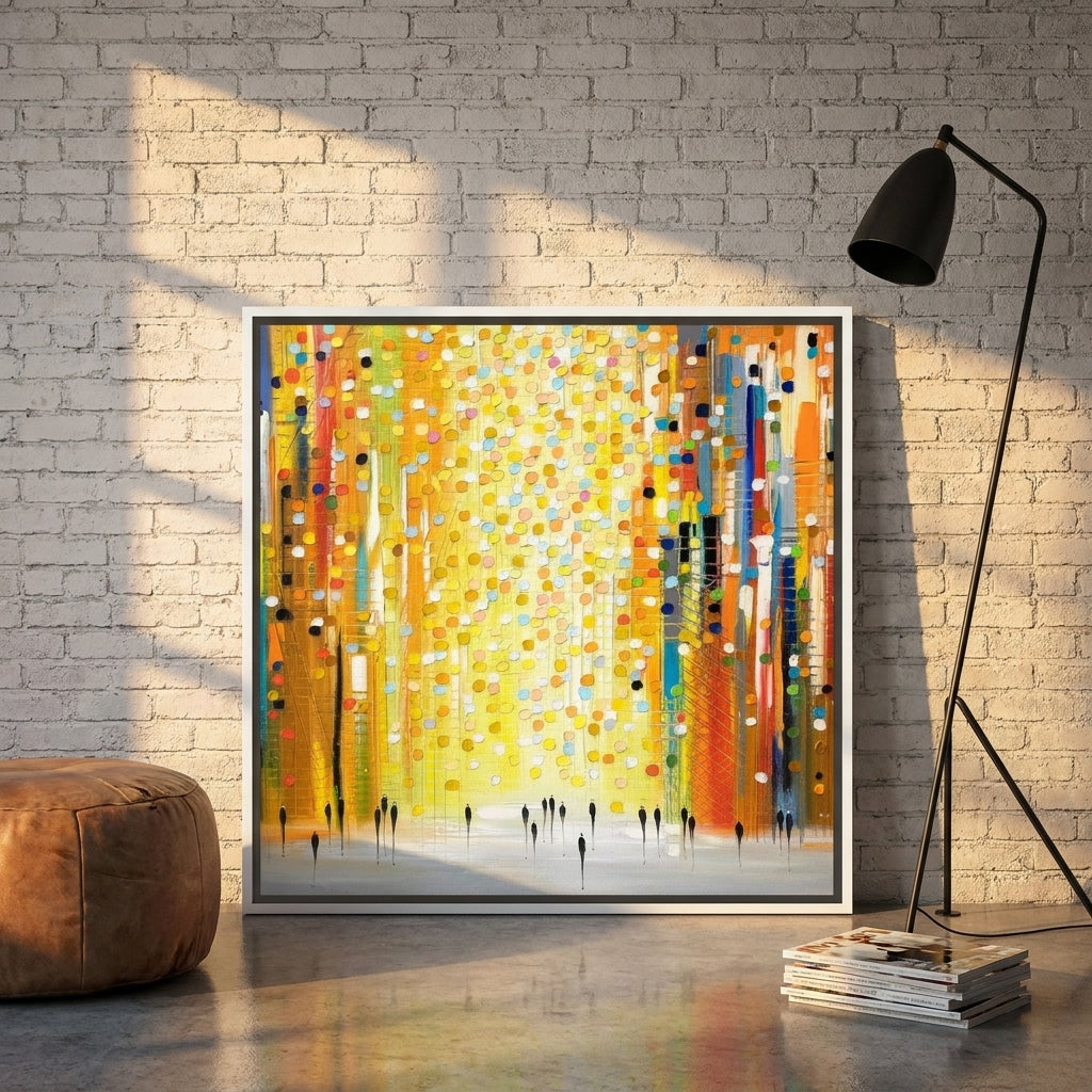 Canvas wall art with a white surround leaning against the wall in an industrial loft dining room