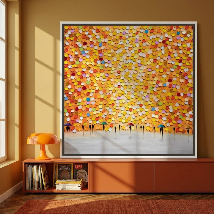 Canvas wall art with a white surround standing on a sideboard in a retro 70s home office