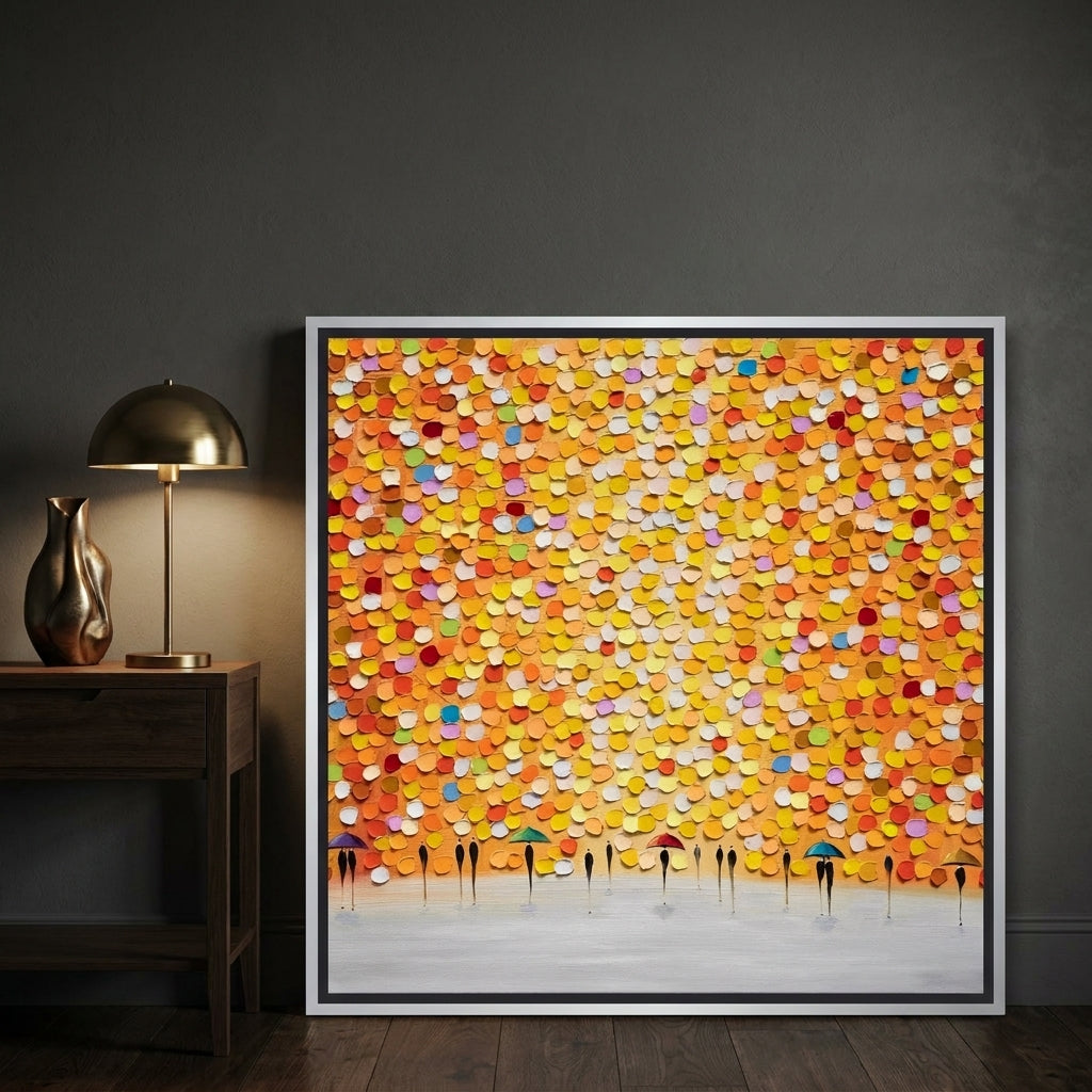 Canvas wall art with a silver leaf surround leaning against the wall in a moody living room
