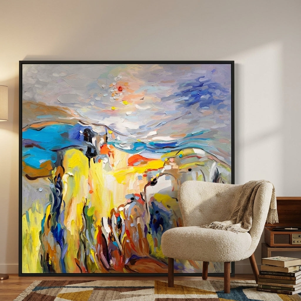 Oversized statement canvas wall art with a black surround leaning against the wall in a mid-century dining room