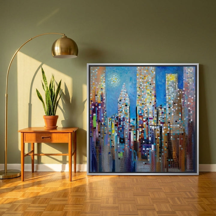 Canvas wall art with a silver leaf surround leaning against the wall in a mid-century living room