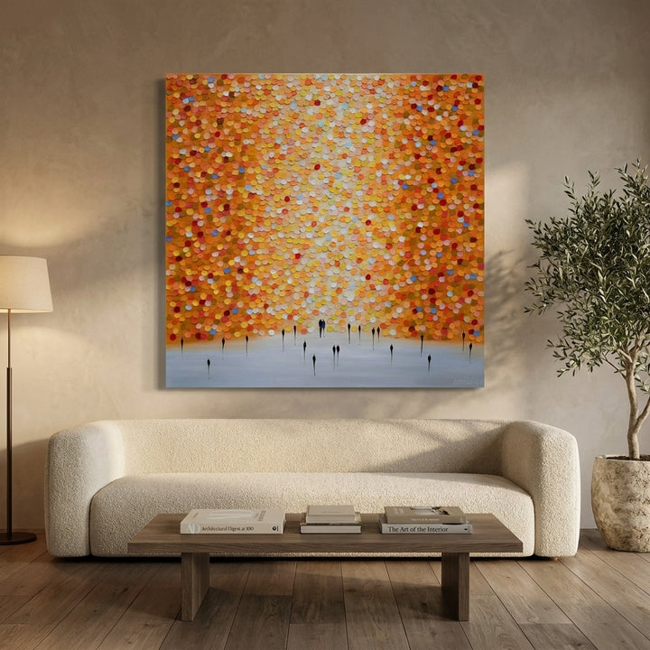 Stretched canvas wall art styled on the wall in a luxe living room