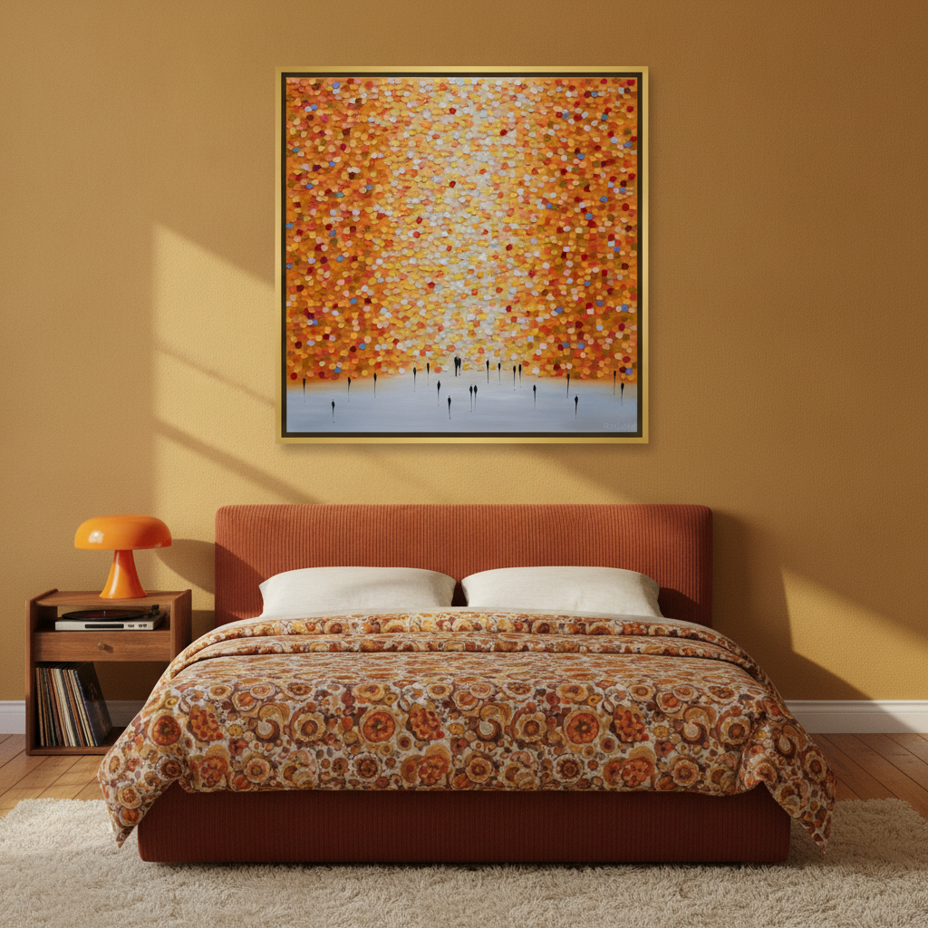 Canvas wall art with a gold leaf surround styled on the wall in a retro 70s bedroom