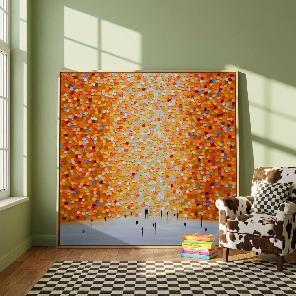 Oversized statement canvas wall art with a natural timber surround leaning against the wall in a colourful eclectic dining room