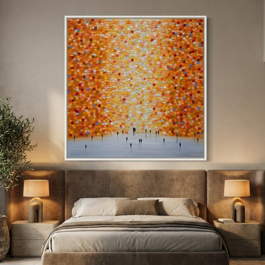 Oversized statement canvas wall art with a white surround styled on the wall in a luxe bedroom
