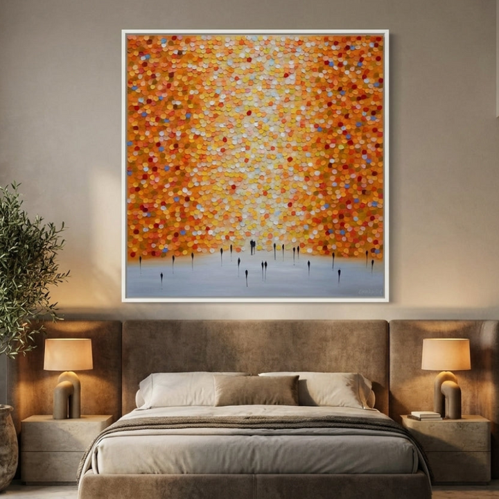 Oversized statement canvas wall art with a white surround styled on the wall in a luxe bedroom