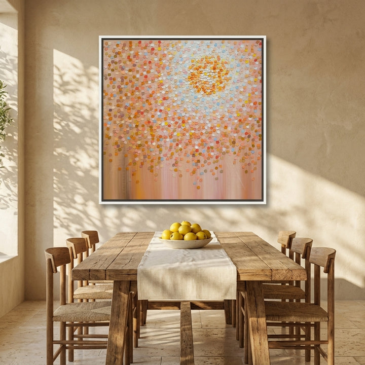 Canvas wall art with a white surround styled on the wall in a Mediterranean dining room