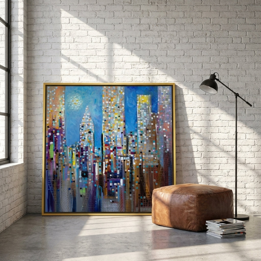 Oversized statement canvas wall art with a gold leaf surround leaning against the wall in an industrial loft dining room