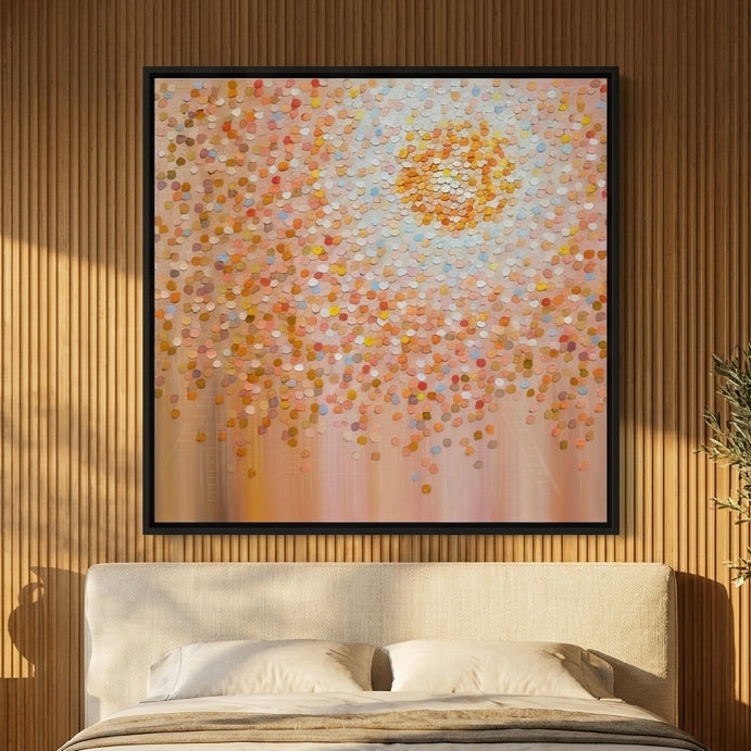 Oversized statement canvas wall art with a black surround styled on the wall in a luxe bedroom