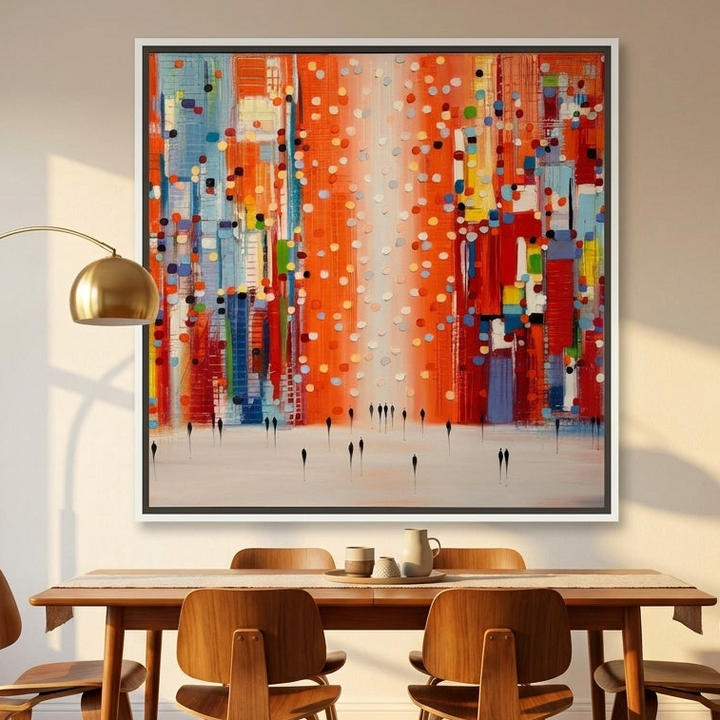 Canvas wall art with a white surround styled on the wall in a mid-century dining room