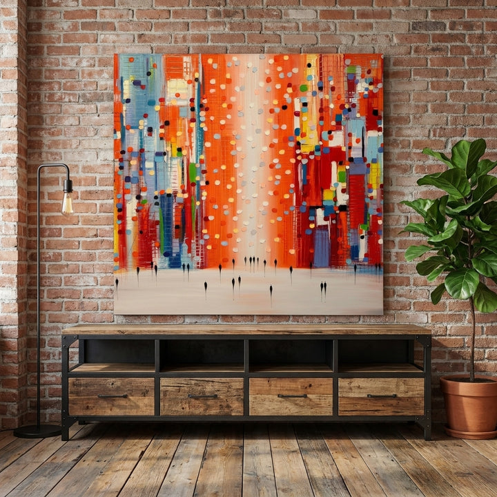 Stretched canvas wall art styled on the wall in an industrial loft living room