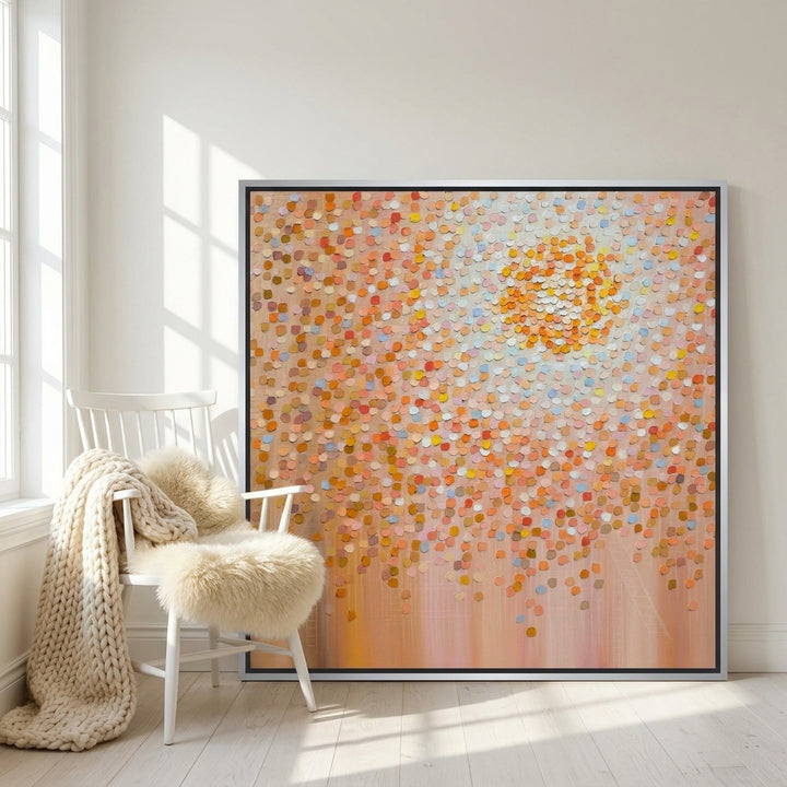Oversized statement canvas wall art with a silver leaf surround leaning against the wall in a bright Scandinavian living room