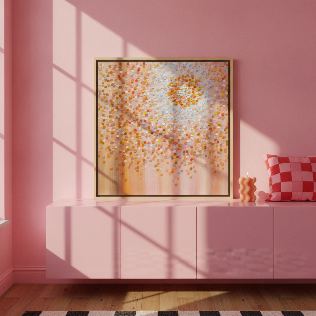 Canvas wall art with a natural timber surround standing on a sideboard in a colourful eclectic bedroom