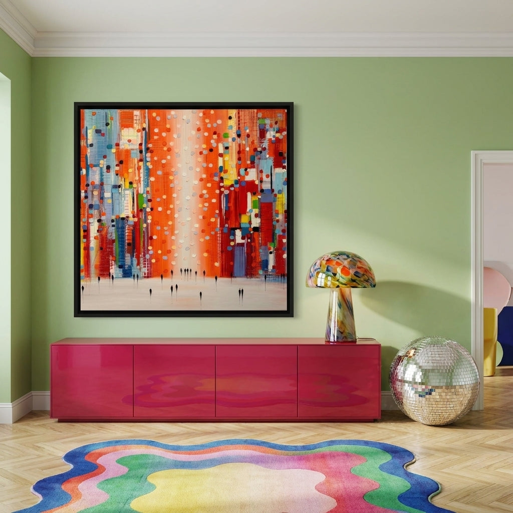Oversized statement canvas wall art with a black surround styled on the wall in a colourful eclectic living room