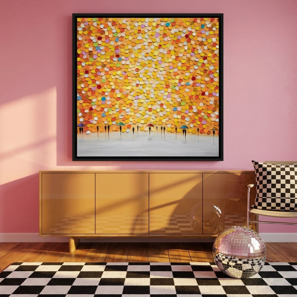 Canvas wall art with a black surround styled on the wall in a colourful eclectic living room