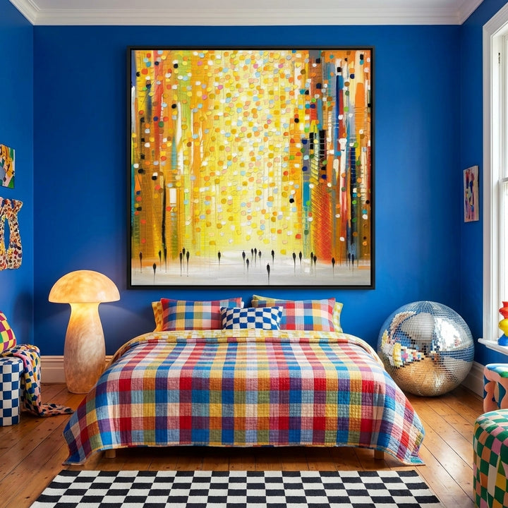 Oversized statement canvas wall art with a black surround styled on the wall in a colourful eclectic bedroom