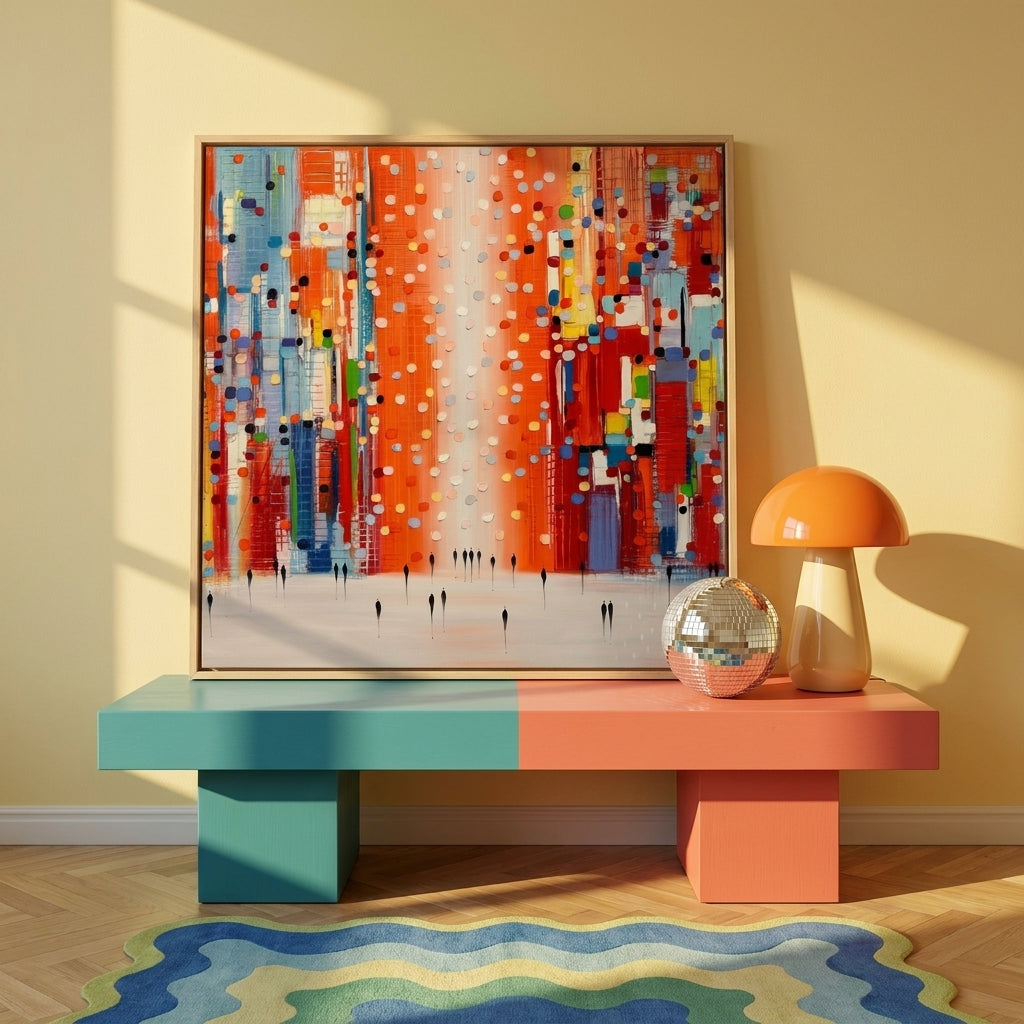 Canvas wall art with a natural timber surround standing on a side table in a colourful eclectic home office