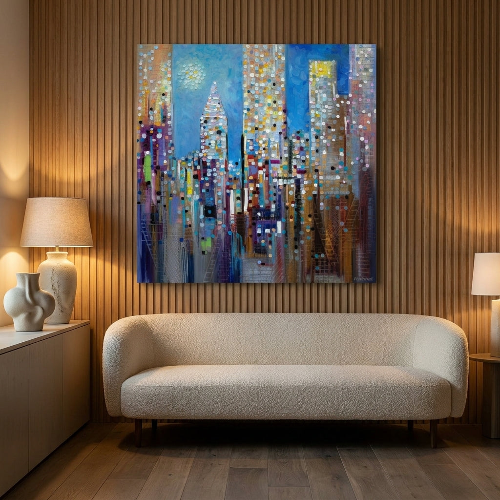 Stretched canvas wall art styled on the wall in a luxe living room