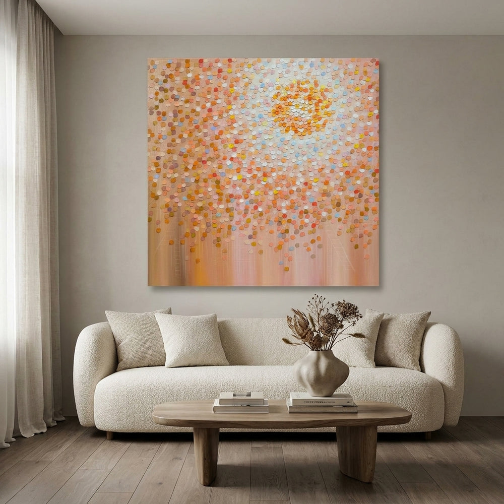 Stretched canvas wall art styled on the wall in a luxe living room