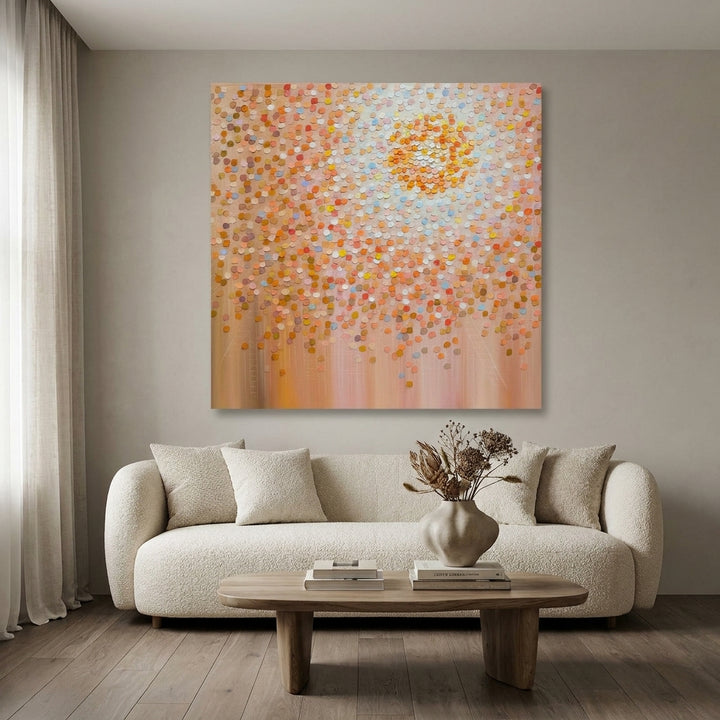 Stretched canvas wall art styled on the wall in a luxe living room