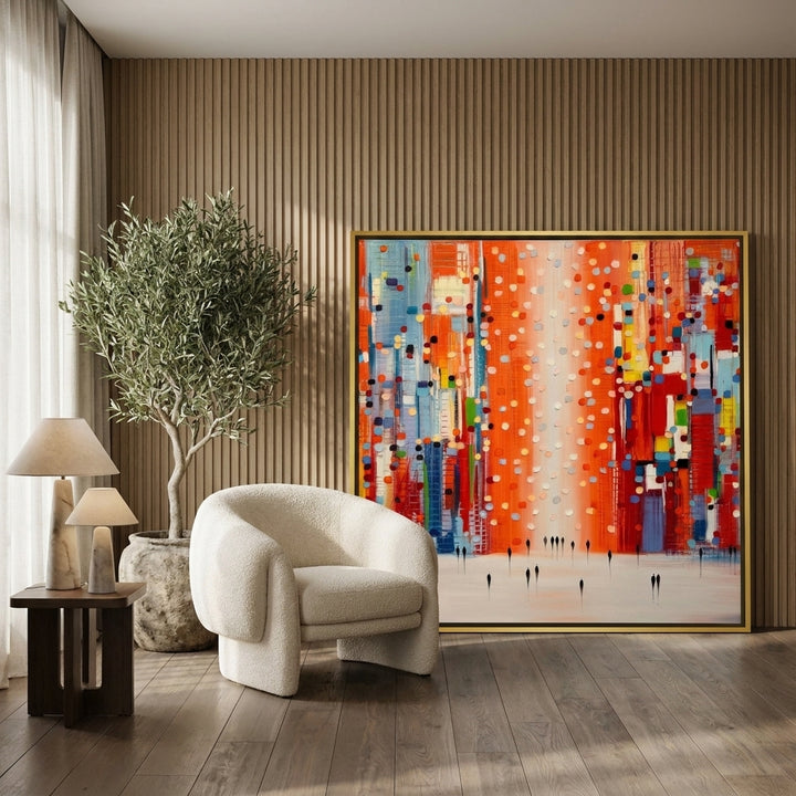 Oversized statement canvas wall art with a gold leaf surround leaning against the wall in a luxe living room