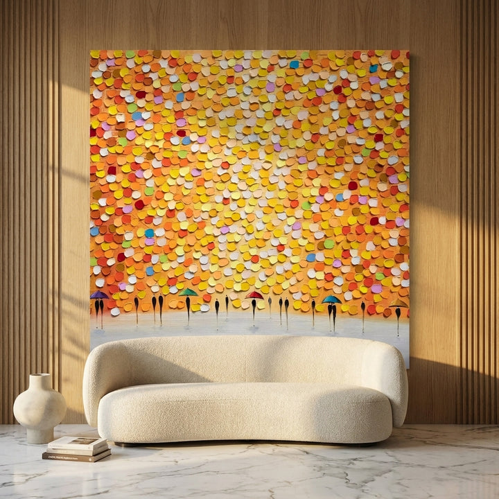 Stretched canvas wall art styled on the wall in a luxe living room