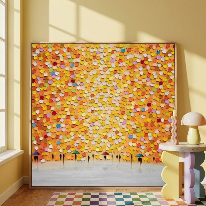 Oversized statement canvas wall art with a natural timber surround leaning against the wall in a colourful eclectic dining room