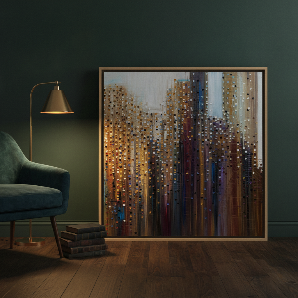Canvas wall art with a natural timber surround leaning against the wall in a moody home office