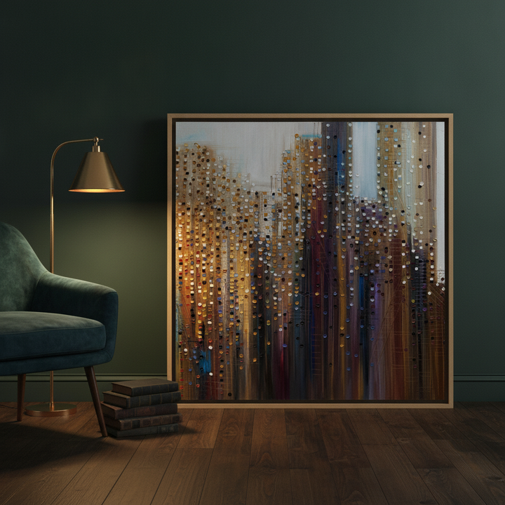 Canvas wall art with a natural timber surround leaning against the wall in a moody home office
